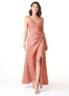 Azazie Geanna Bridesmaid Dresses Coral Sheath V-Neck Pleated Stretch Satin Dress image1