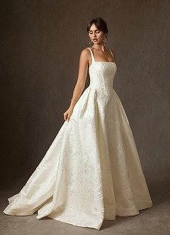 Azazie Delvina Wedding Dresses Antique White Ball-Gown with Pockets Floral Jacquard Dress image3