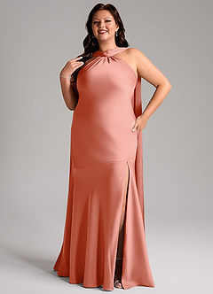 Azazie Kinsley Bridesmaid Dresses Coral Mermaid Side Slit Stretch Satin Dress image11