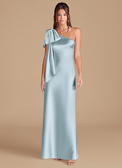 Azazie Capri Bridesmaid Dresses Sky Blue Sheath One Shoulder Metallic Satin Dress image3
