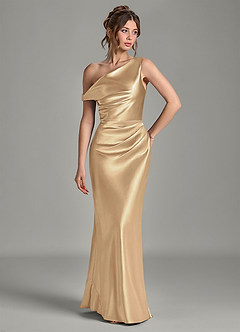 Azazie Emerson Bridesmaid Dresses Champagne Mermaid Off the Shoulder Metallic Satin Dress image4