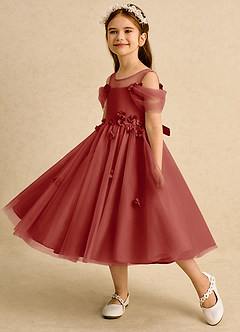 Azazie Juni Flower Girl Dresses Terracotta Ball-Gown Pleated Tulle Dress image3