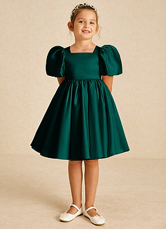 Azazie Muffin 플라워 걸 드레스 A라인 소매가 있는 매트 새틴 무릎 길이 드레스 image2