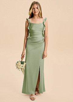Azazie Jessamine Junior Dusty Sage A-Line Ruched Stretch Satin Dress image1
