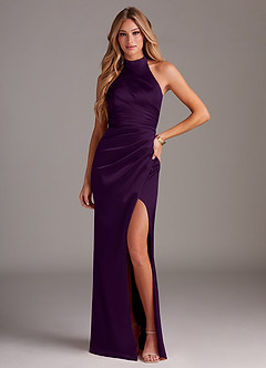 Azazie Jemma Bridesmaid Dresses Grape Sheath Pleated Stretch Satin Dress image1
