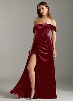 Azazie Amyra Bridesmaid Dresses Burgundy Sheath Off the Shoulder Velvet Convertible Dress image7
