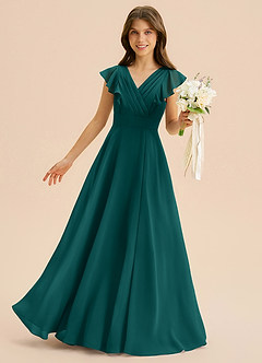 Azazie Anysa Junior A-Linie Gestreift Chiffon Kleid Pfau image1