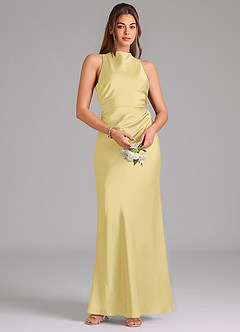 Azazie Evadne Bridesmaid Dresses Lemon Sorbet A-Line Pleated Stretch Satin Dress image6