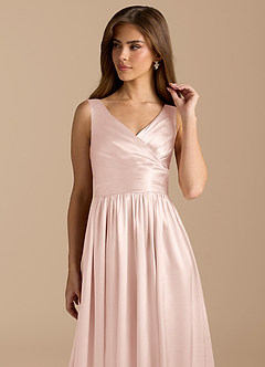Azazie Keyla Bridesmaid Dresses Blushing Pink A-Line Pleated Metallic Satin Dress image8