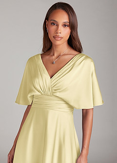 Azazie Pamela Vestidos de damas de honor Vestido de Sorbete De Limón de Satén Elástico de Corte en A con Plisado image5