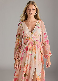 Azazie Norah Bridesmaid Dresses Abstract Bouquet Floral A-Line V-Neck Long Sleeve Chiffon Dress image5