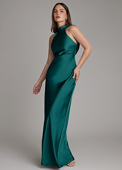 Azazie Dimitra Bridesmaid Dresses Peacock A-Line Pleated Stretch Satin Dress image4