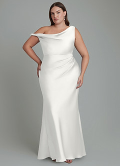 Azazie Emerson Vestidos de madrinha de casamento Vestido Branco de Cetim elástico de sereia com Ombros Caídos image8