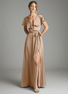 Azazie Lainey Bridesmaid Dresses Taupe A-Line with Pockets Stretch Satin Dress image3