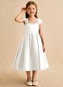 Azazie Yosemite Jurken voor bloemenmeisjes Baljurk Jurk van Mat Satijn Sweetheart Halslijn Ivoor image5