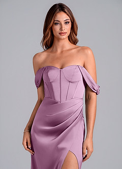Azazie Asha Bridesmaid Dresses Wisteria Sheath Off the Shoulder Stretch Satin Convertible Dress image5