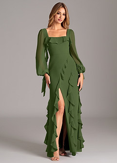 Azazie Candice Bridesmaid Dresses Olive A-Line Long Sleeve Chiffon Dress image5