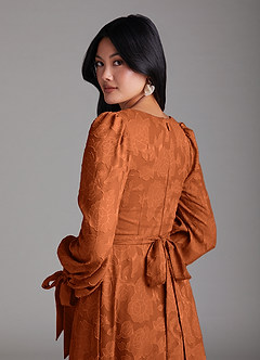 Azazie Leonia Bridesmaid Dresses Burnt Orange A-Line Long Sleeve Floral Burnout Dress image5