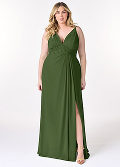 Azazie Maren Allure Robes de demoiselle d'honneur Robe Trapèze en Mousseline de soie Col V dentelle Olive image6