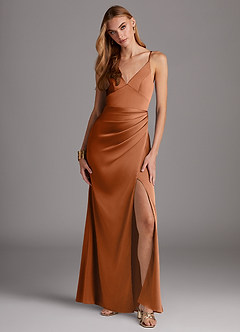 Azazie Shania At-home Try On Dresses Agave Sheath V-Neck Pleated Stretch Satin Dress image1