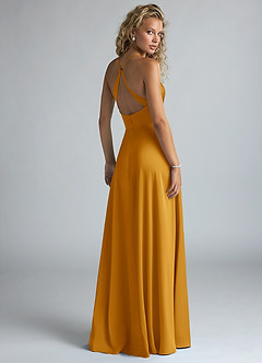 Azazie Davis Bridesmaid Dresses Butterscotch A-Line Pleated Stretch Satin Dress image3