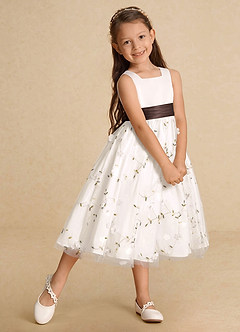 Azazie Pollie Flower Girl Dresses Ivory Ganache A-Line Bow Tulle Dress image9