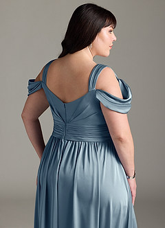 Azazie Lianne Robes de demoiselle d'honneur Robe Trapèze en Satin extensible Épaule décolletée Bleu Poussiéreux image15