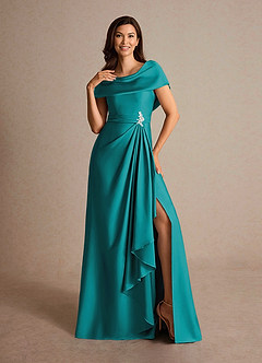 Azazie Branford Mother of the Bride Dresses Teal A-Line Pleated Stretch Satin Dress image6