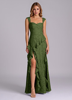 Azazie Sloane Robes de demoiselle d'honneur Robe Trapèze en Blumen-Burnout Encolure en Forme de Cœur Olive image1