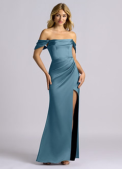 Azazie Auden Suknie dla druhen Osłona Zza ramienia Satyna elastyczna Do ziemi Sukienka image7