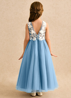 Azazie Mixie vestidos de niña de las flores Vestido de Azul Acero de Encaje de Corte Princesa image4