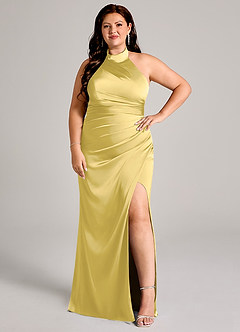 Azazie Jemma Robes de demoiselle d'honneur Robe Fourreau en Satin extensible Plissée Canari image10