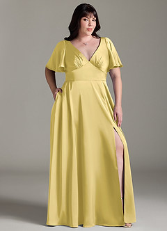 Azazie Kimber Bridesmaid Dresses Canary A-Line Ruched Stretch Satin Dress image9