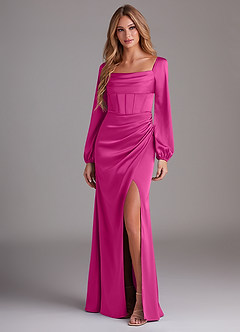 Azazie Charissa Brautjungfernkleider Etui Langarm Stretch-Satin Kleid Fuchsia image4