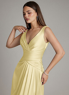 Azazie Pauline Bridesmaid Dresses Lemon Sorbet A-Line Pleated Stretch Satin Dress image3