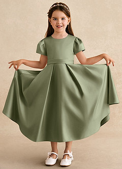 Azazie Princess Robe Demoiselle D'honneur Fillette Robe Trapèze en Mat Satiné Plissée Pistache image3