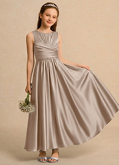 Azazie Ducky Girls Formal Flower Girl Dresses Taupe A-Line Pleated Stretch Satin Dress image1