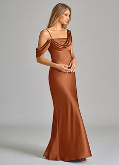 Azazie Celina Bridesmaid Dresses Copper Sheath Off the Shoulder Stretch Satin Dress image6