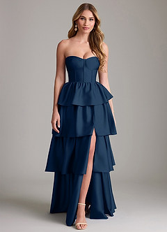 Azazie Faye Bridesmaid Dresses Dark Navy A-Line Ruched Stretch Satin Dress image1