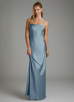 Azazie Nova Robes de demoiselle d'honneur Robe Fourreau Convertible en Satin extensible Bustier Bleu Poussiéreux image2