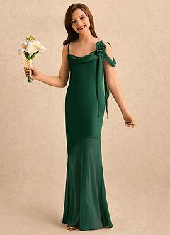 Azazie Kai Girls Formal Flower Girl Dresses Dark Green Sheath Pleated Stretch Satin Dress image3