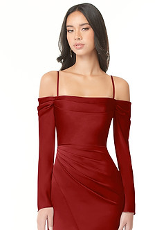 Azazie Hallie Bridesmaid Dresses Pomegranate Sheath Off-The-Shoulder Long Sleeve Stretch Satin Convertible Dress image2