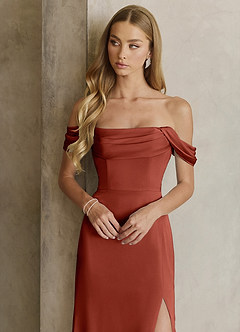 Azazie Saige Bridesmaid Dresses Terracotta Sheath Off the Shoulder Stretch Satin Dress image2