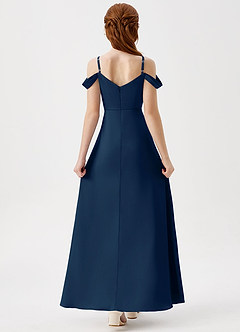 Azazie Ocean Junior Dark Navy A-Line Off the Shoulder Stretch Satin Dress image2
