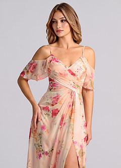 Azazie Dakota Bridesmaid Dresses Abstract Bouquet Floral A-Line V-Neck Pleated Chiffon Dress image2