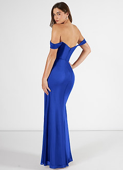 Azazie Kit Bridesmaid Dresses Royal Blue Mermaid Off the Shoulder Mesh Dress image4