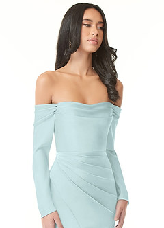 Azazie Hallie Jurken voor bruidsmeisjes Converteerbaar Jurk van Stretch Satijn met Kolom Off-the-shoulder lange mouw Zeeglas image5