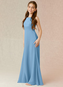 Azazie Snow Junior Abito A-Line in Chiffon Pizzo Blu Acciaio image3