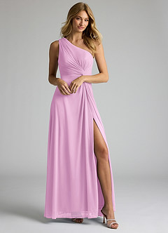 Azazie Brooke Bridesmaid Dresses Candy Pink A-Line One Shoulder Mesh Dress image1