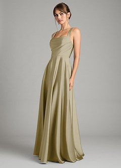 Azazie Shaude Bridesmaid Dresses Moss Green A-Line Pleated Stretch Satin Dress image11